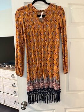 Xhilaration Mustard Floral Long Sleeve Dress with Black Fringe